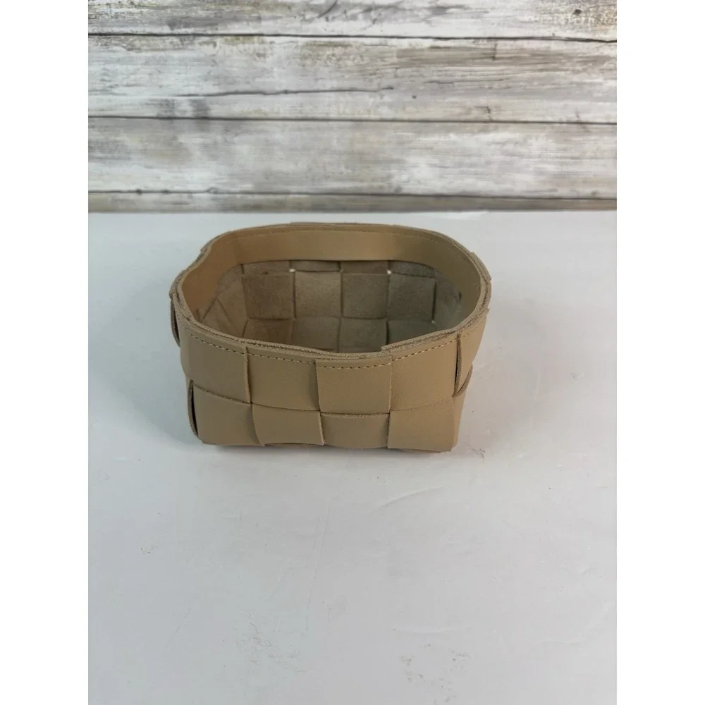 Small Beige Faux Leather Rectangular Woven Basket Home Décor